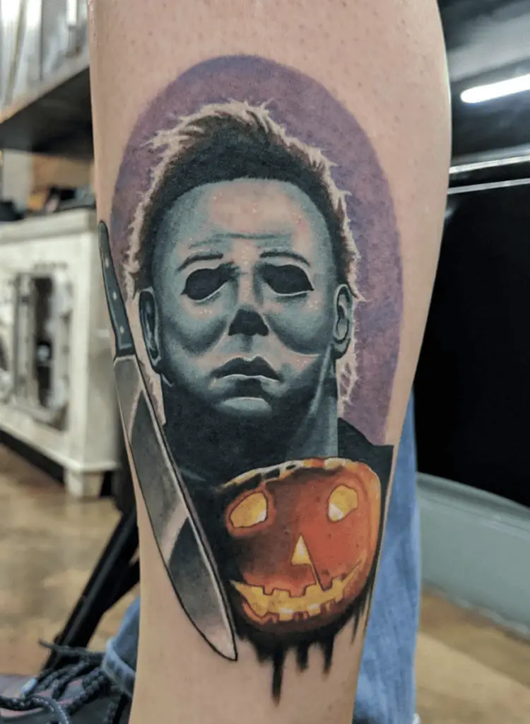 Emotionless Masked Man, Kitchen Knife and Holloween Pumpkin Leg Tattoo