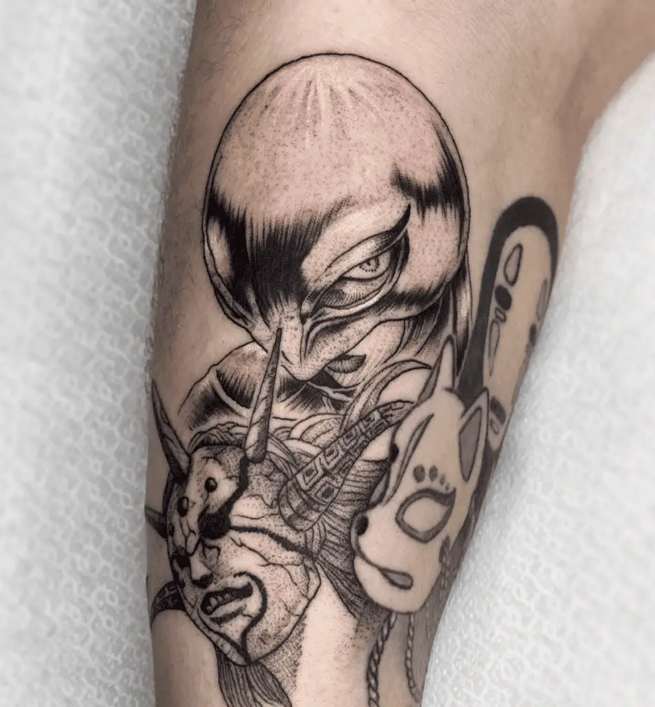 Femto With Other Anime Characters Leg Tattoo