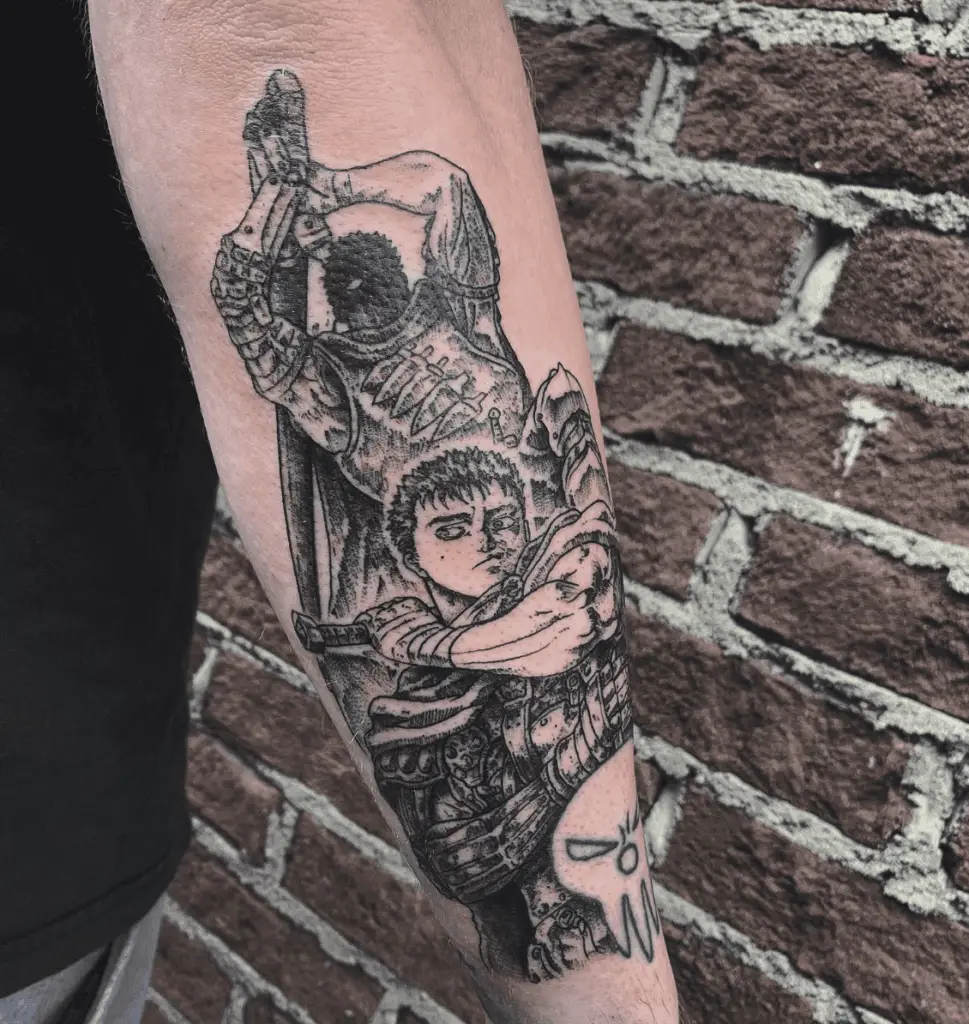 Fine Line Two Guts With a Sword Arm Tattoo