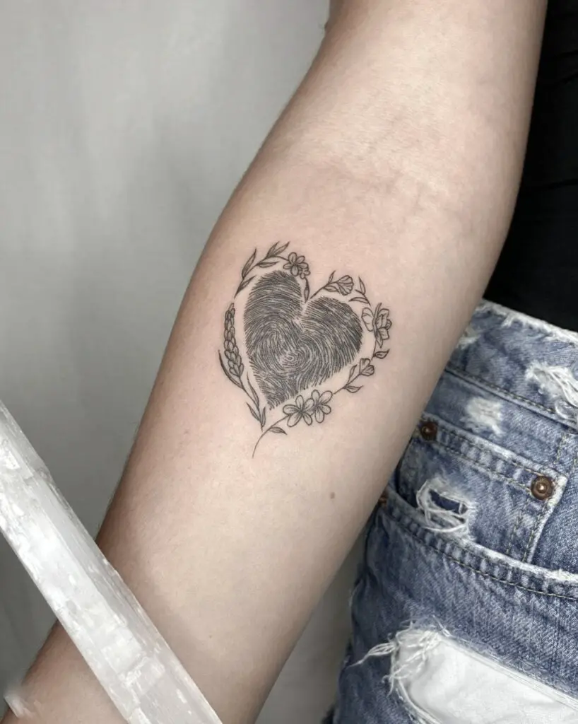 Fingerprint Heart and Floral Frame Arm Tattoo