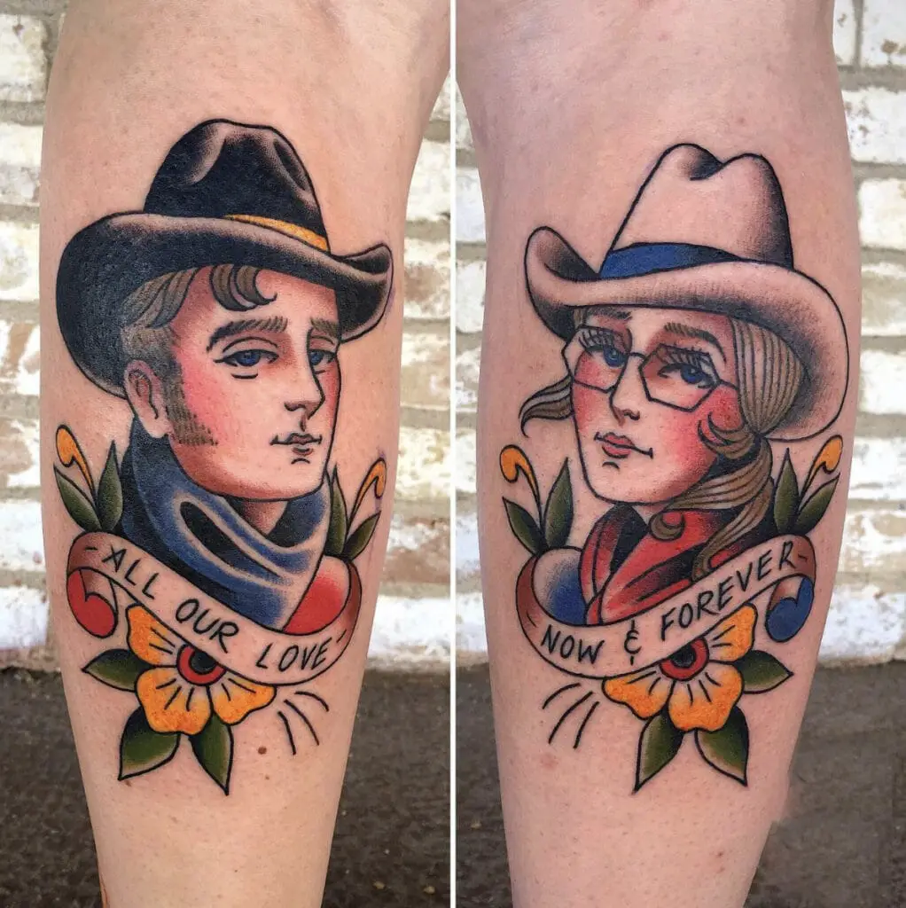Floral Cartoon Cowboy and Cowgirl Leg Tattoo