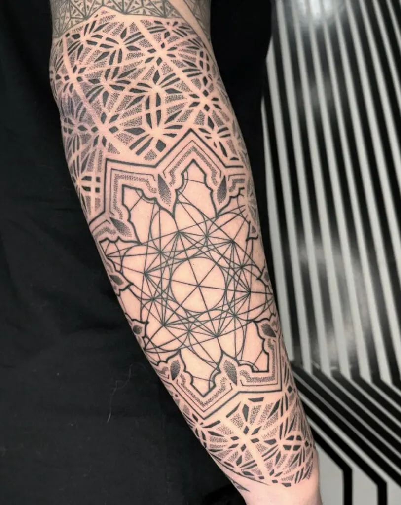 Geometric Line Design Nonagon Arm Sleeve Tattoo
