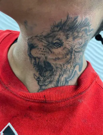 Greyscale Roaring Lion Neck Tattoo