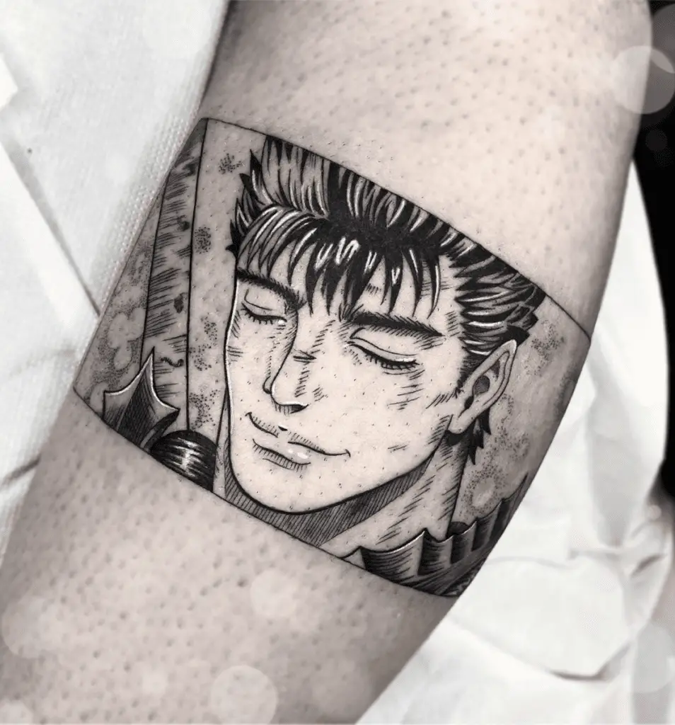 Guts Eyes Closed in Panel Calves Tattoo