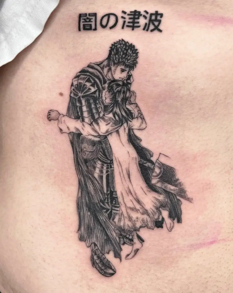 Guts Hugged Casca With Japanese Characters at the Top Tattoo
