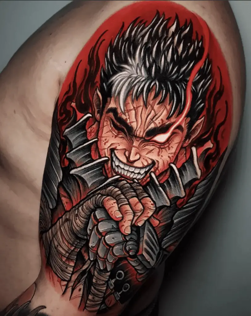 Guts Smiling Crazy With Glowing Right Eye Red Details Upper Arm Tattoo