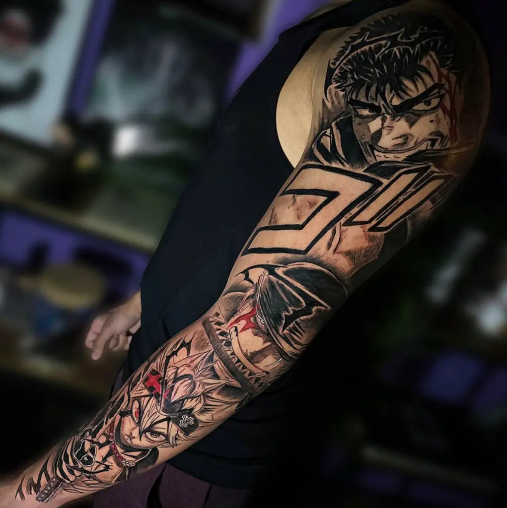 Guts With Different Anime Characters Arm Sleeves Tattoo