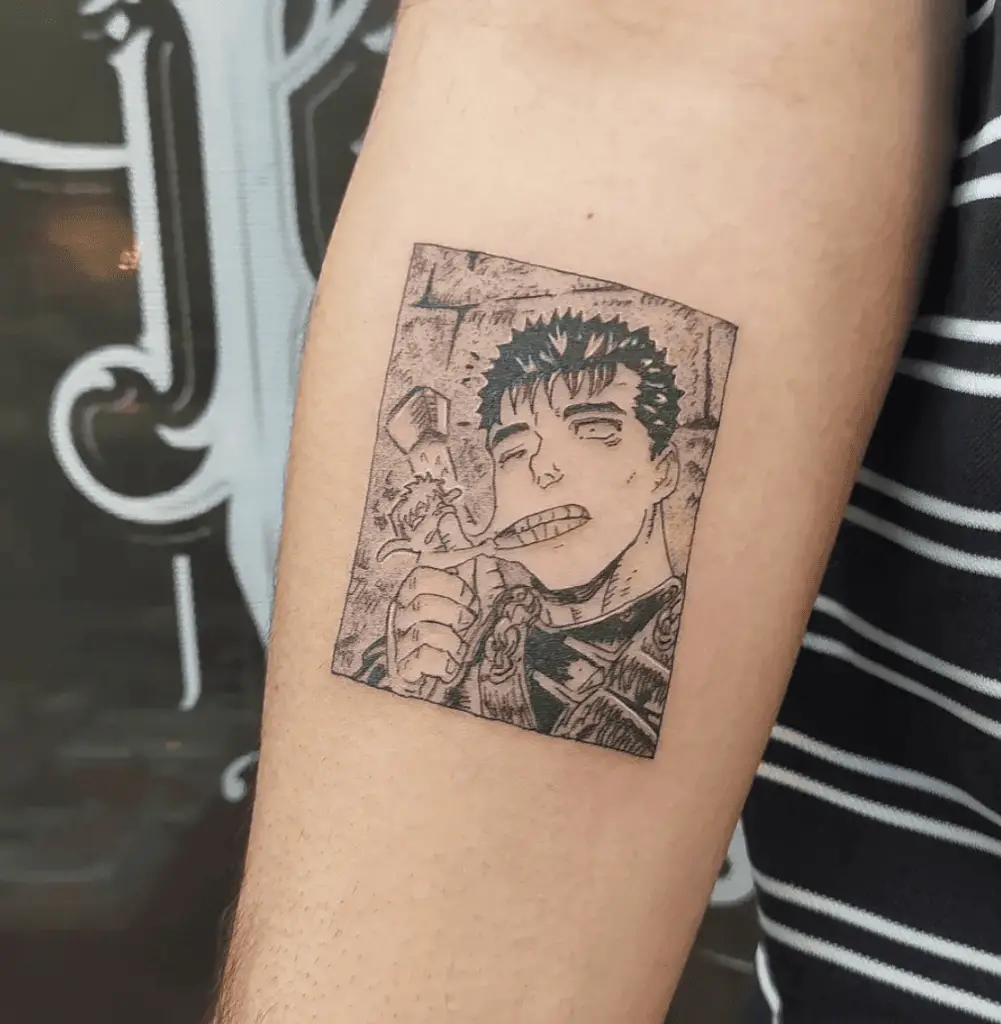 Guts and Puck Fighting in Square Panel Arm Tattoo