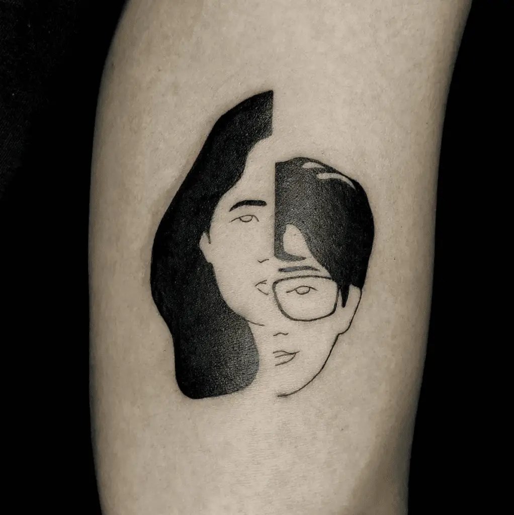 Half Face Illustration of Mom and Dad Arm Tattoo