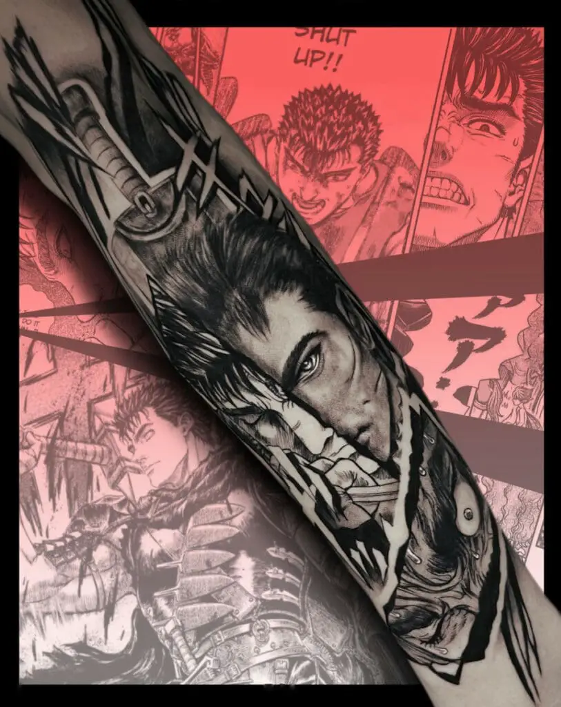 Half Manga Guts Half Realistic Guts Artwork Arm Sleeves Tattoo