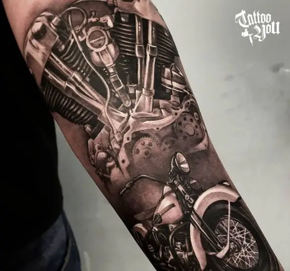 Harley Davidson Bike with Engine Full Sleeve Tattoo