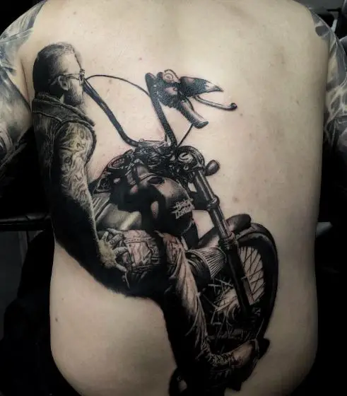 Harley Davidson Bike with Rider Back Tattoo