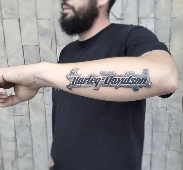 Harley Davidson Calligraphy Forearm Tattoo