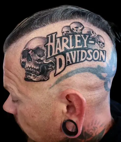 Harley Davidson Text with Skull Head Tattoo