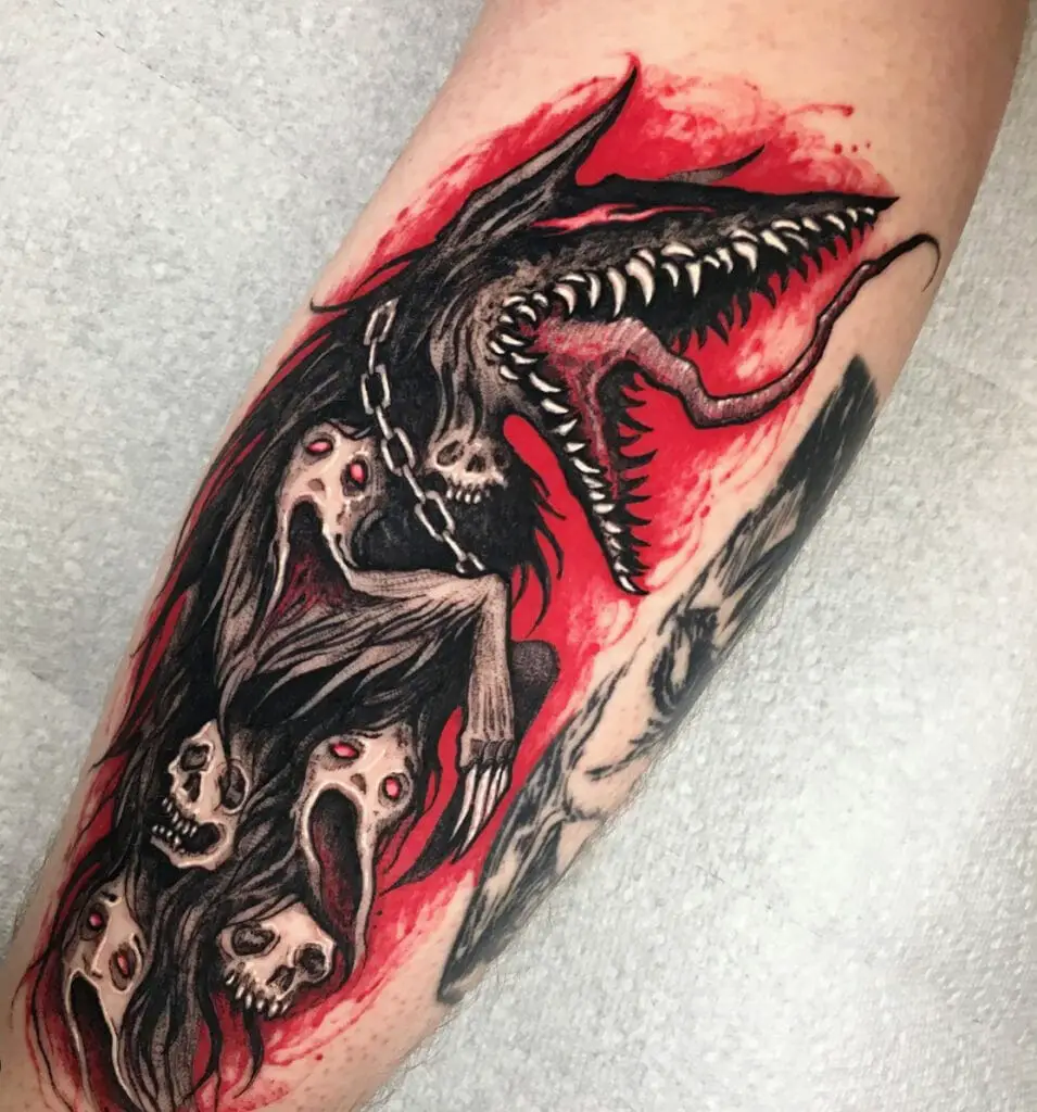 Howling Beast With Skull Head Red Background Arm Tattoo