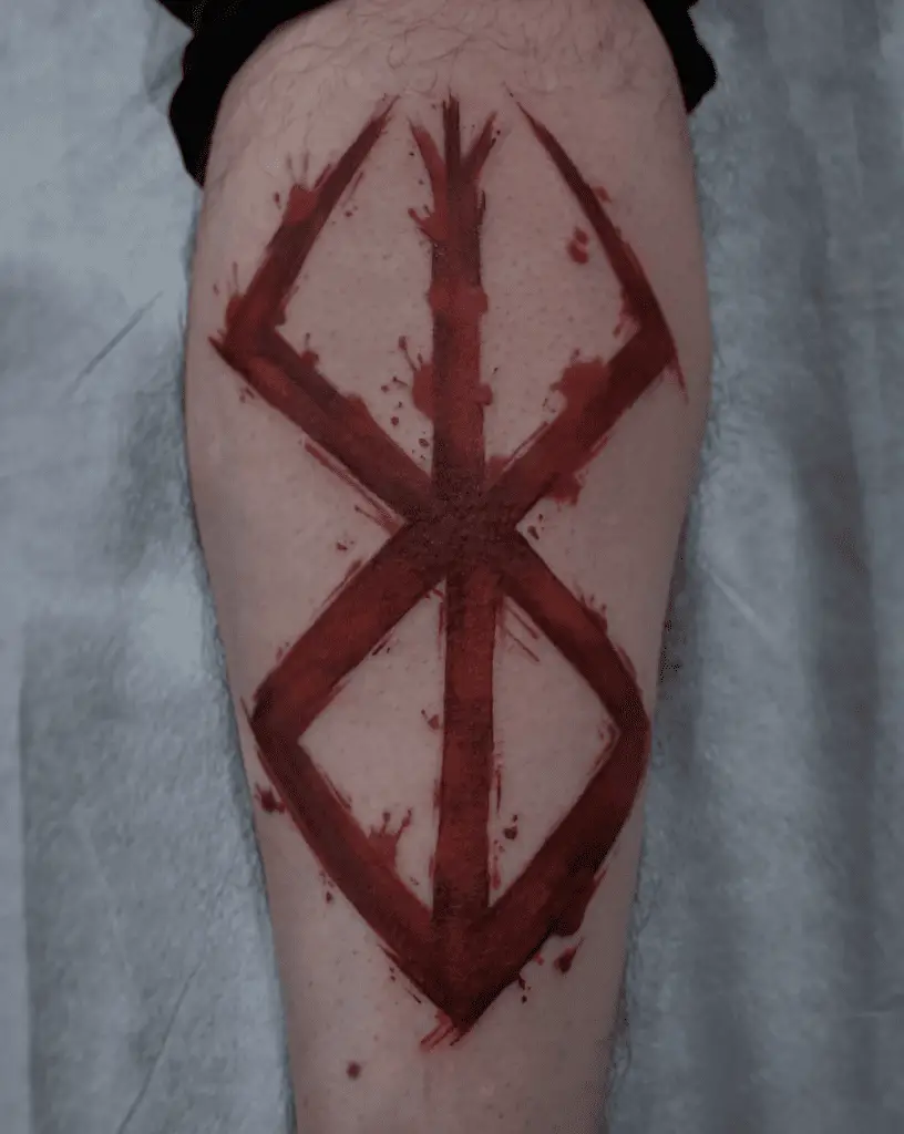 Huge Red Blood Splatter Berserk Logo Leg Tattoo