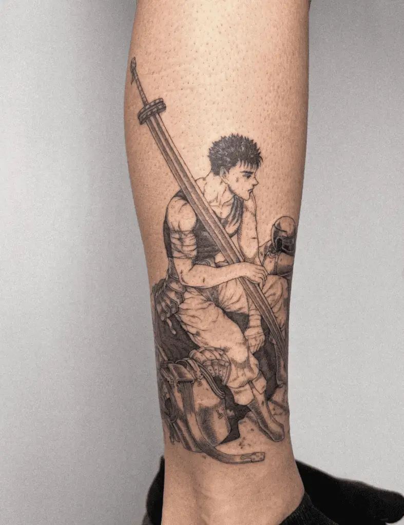 Hunk Guts Sitting While Holding a Long Sword Leg Tattoo
