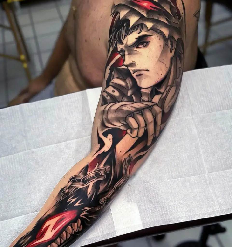 Illustration Style of Guts and Beast Dog Arm Sleeves Tattoo