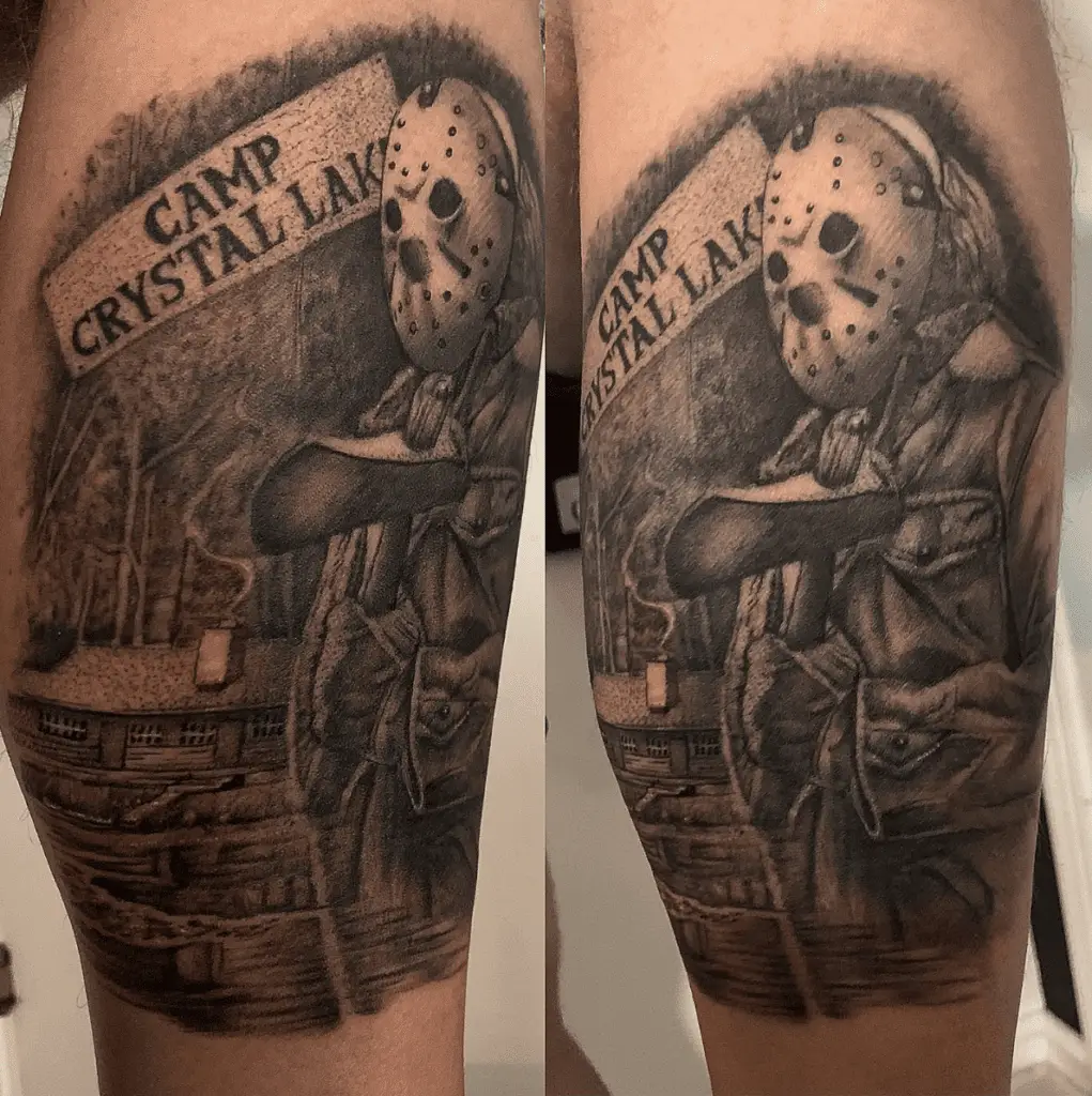 Illustration of a Masked Man Holding an Axe With Text Banner Leg Tattoo