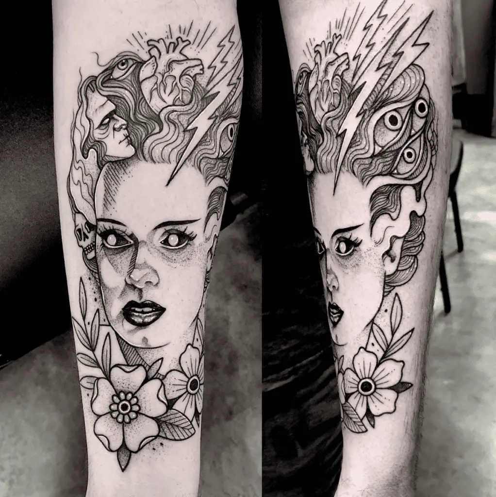 Line Art Woman With Strange Designs on Her Frizzy Hair and Floral Border Leg Tattoo