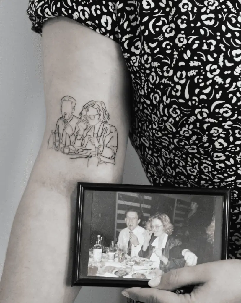 Line Work Aesthetic Mom and Dad Photo Arm Tattoo
