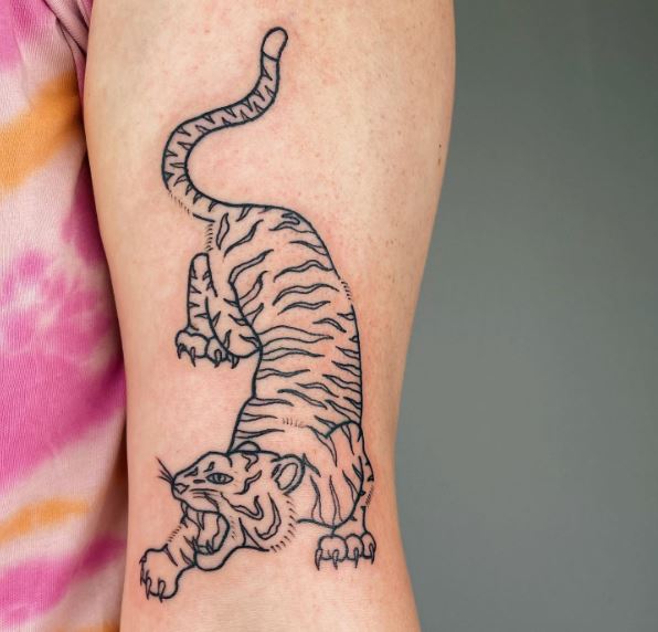 Linework Roaring Tiger Arm Tattoo