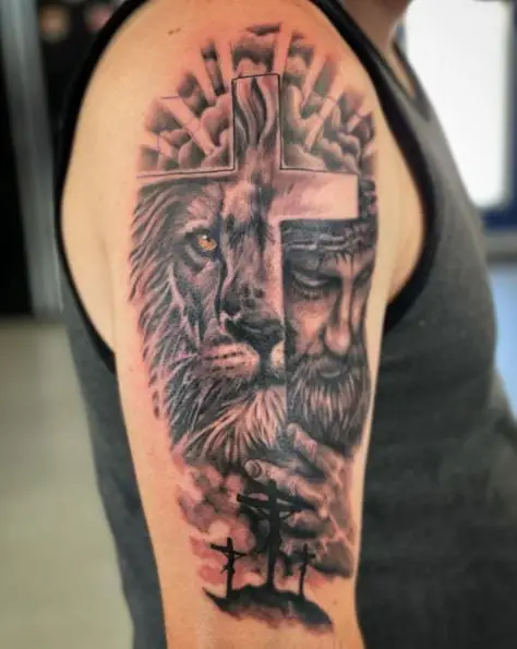 Lion Face and Jesus Christ Arm Tattoo