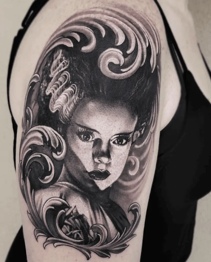 Lovely Lady Portrait With Accent Border Upper Arm Tattoo