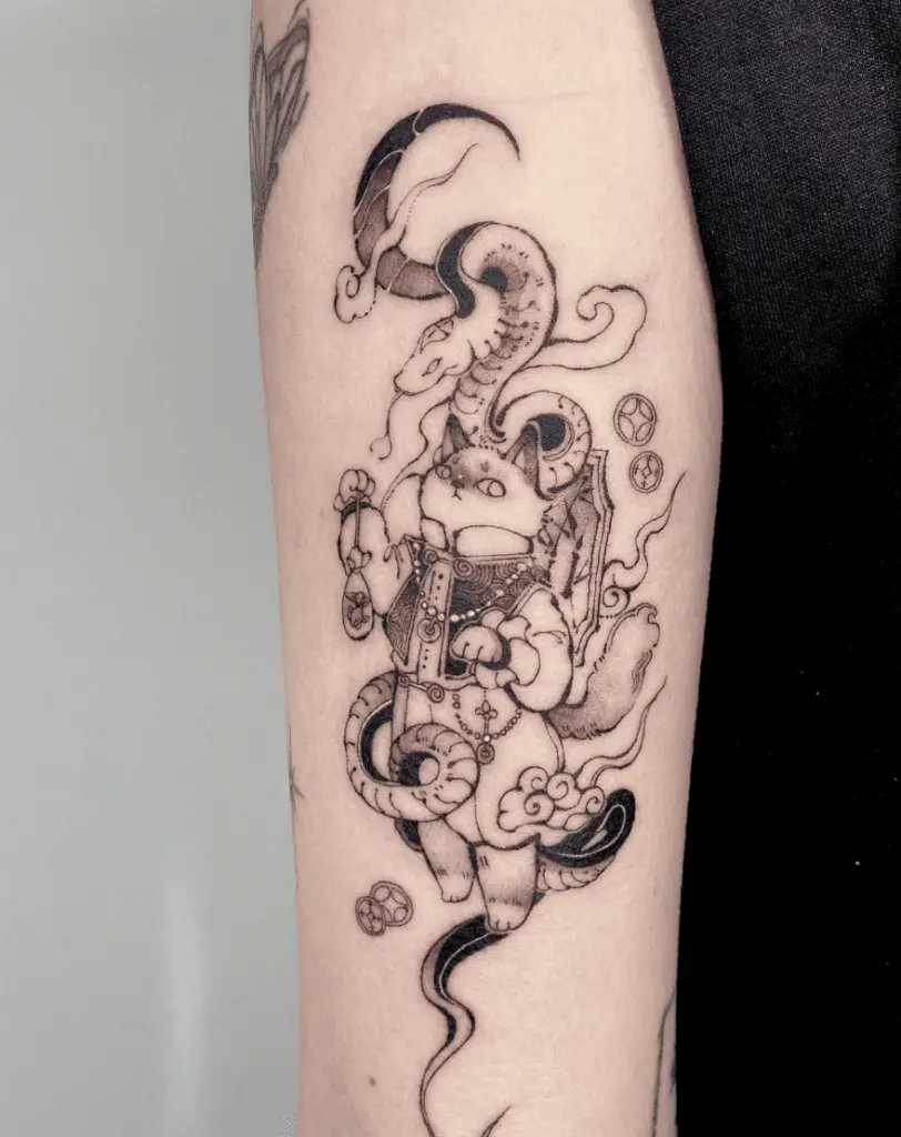 Lucky Cat with Snake and Clouds Arm Tattoo