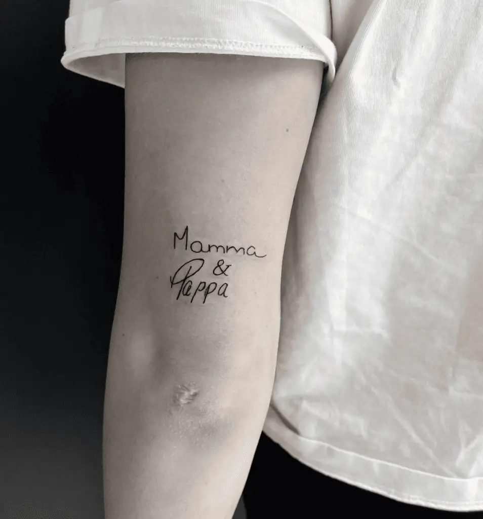 Mamma and Pappa in Handwritten Text Arm Tattoo