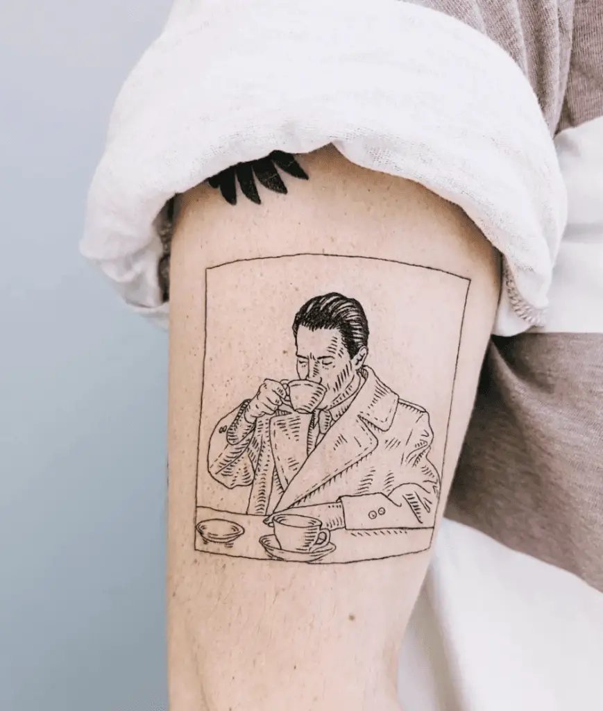 Man Drinking Coffee Portrait Arm Tattoo