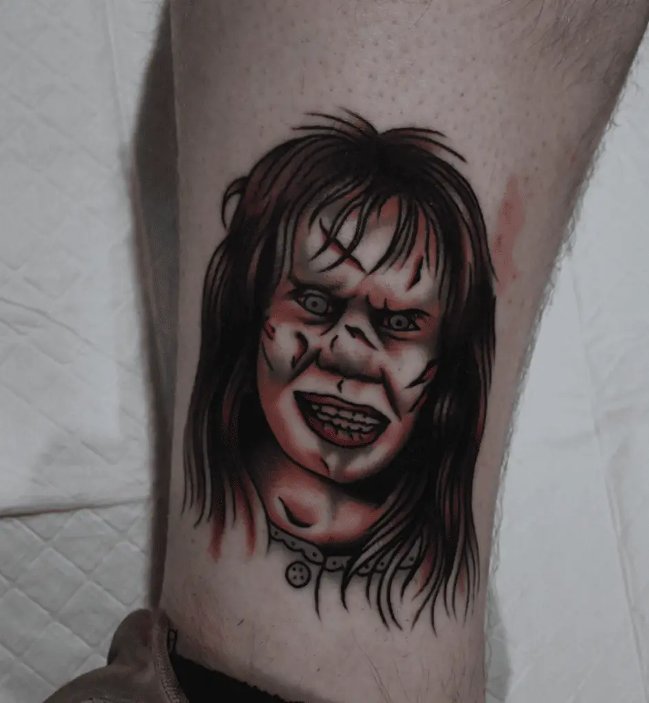 Messy Hair Girl With Scars Smiling Leg Traditional Tattoo