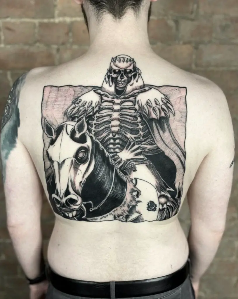 Mighty Skull Riding a Horse Back Tattoo