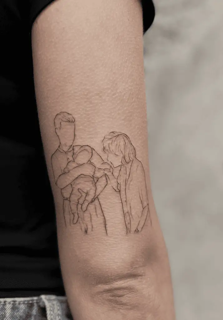 Minimalist Line Art Family Portrait Arm Tattoo