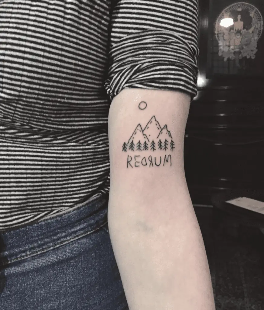 Minimalist Three Mountain With Text Arm Tattoo