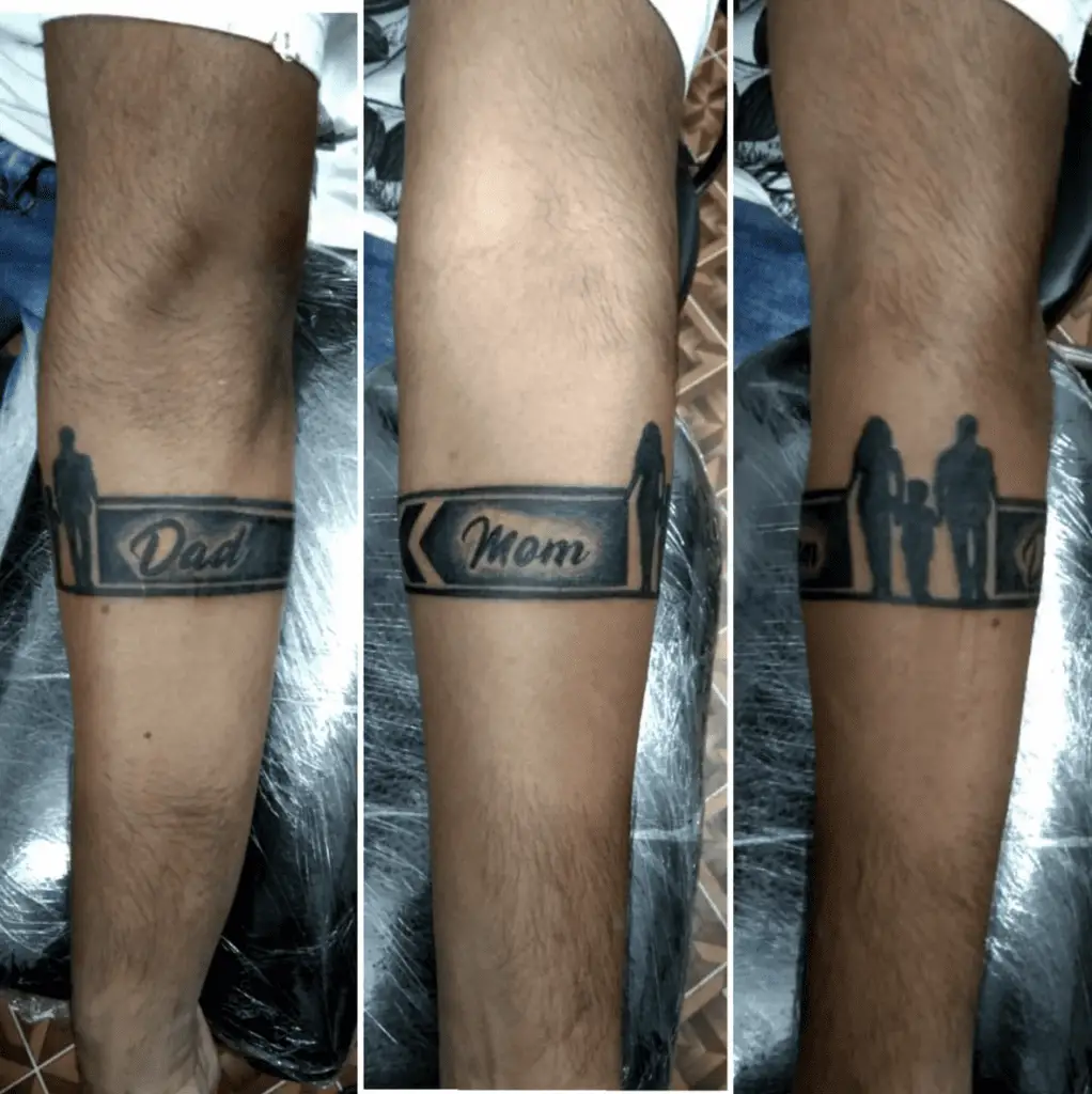 Mom and Dad Text WIth Parents and a Child Walking Armband Tattoo