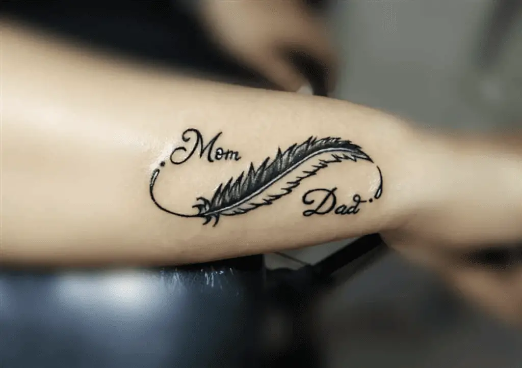 Mom and Dad With Half Black and White Feather Infinity Arm Tattoo