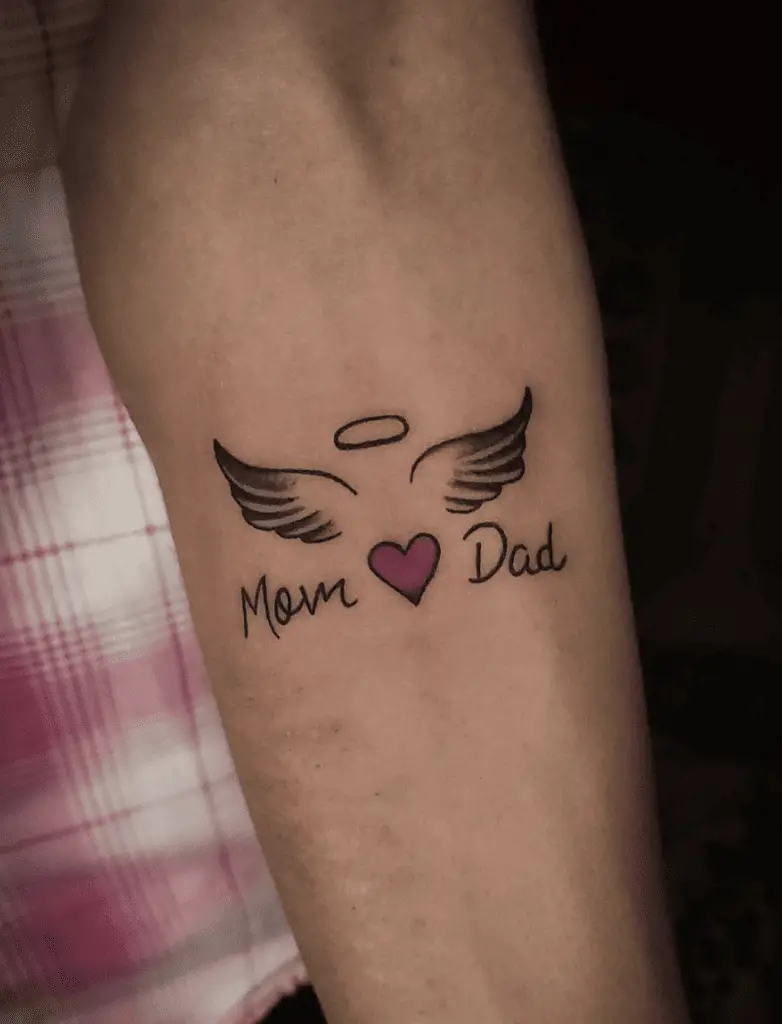 Mom and Dad With Halo Wings and Red Heart Arm Tattoo