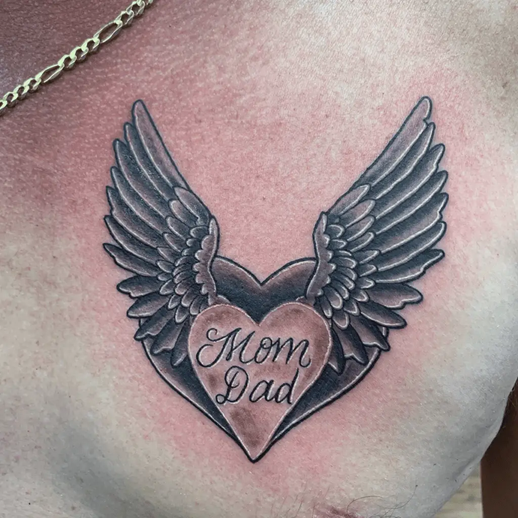 Mom and Dad With Heart Flying Wings Chest Tattoo