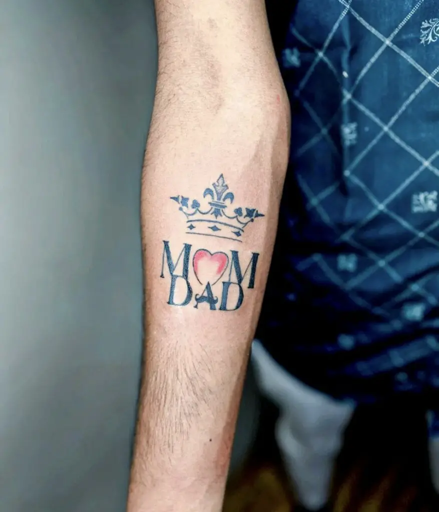 Mom and Dad With Heart and Vintage Crown Arm Tattoo