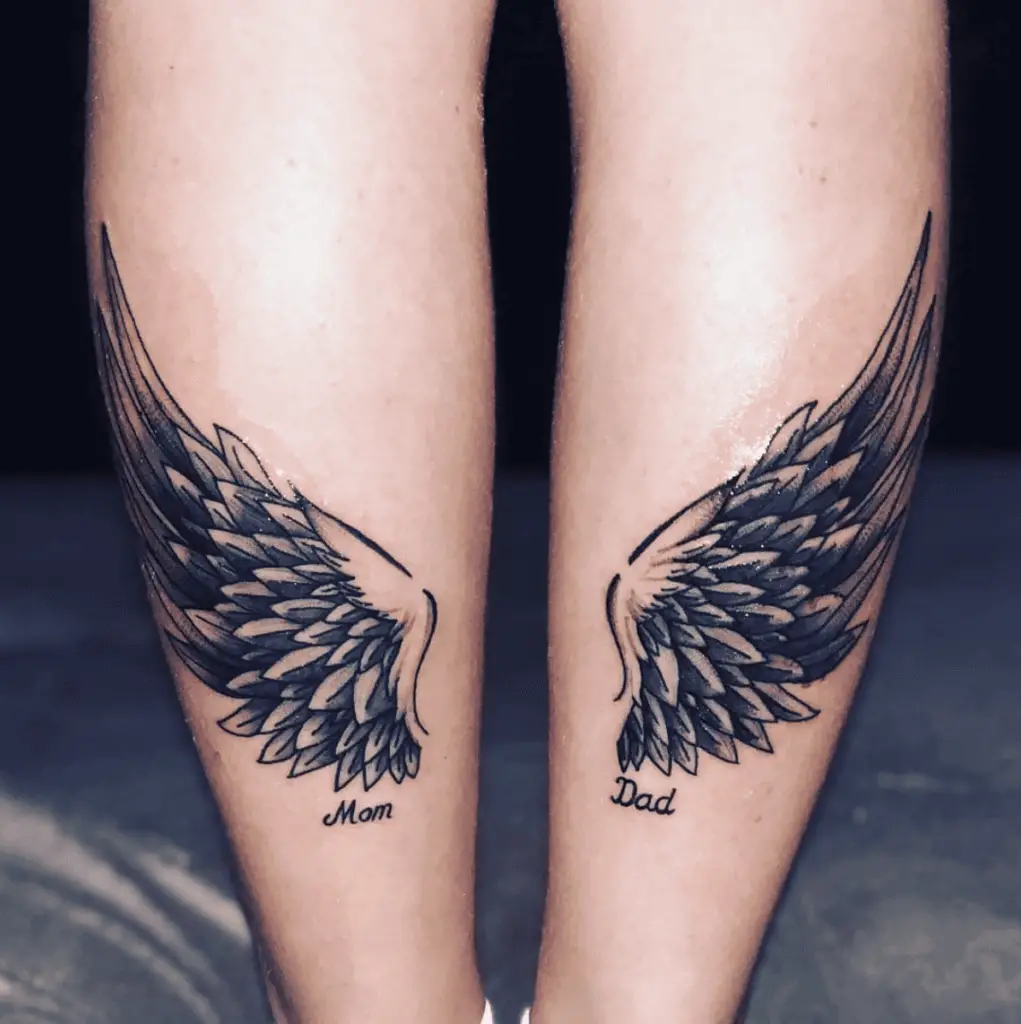 Mom and Dad With Huge Angel Wings Leg Tattoo