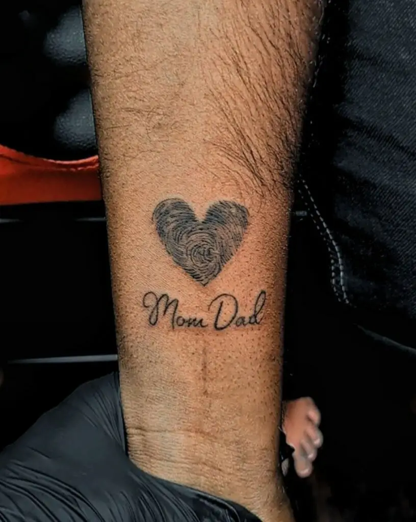 Mom and Dad With Parents Fingerprint Heart Arm Tattoo