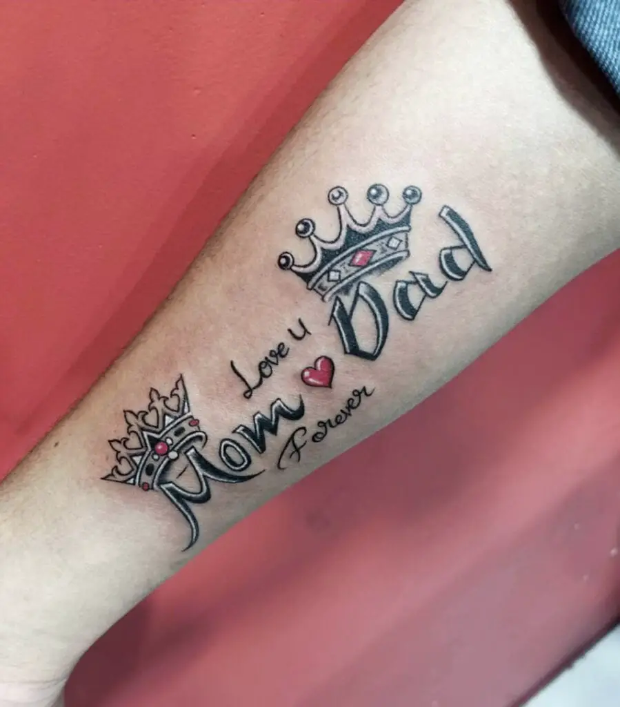 Mom and Dad With Royal Crown Symbol and Text Arm Tattoo