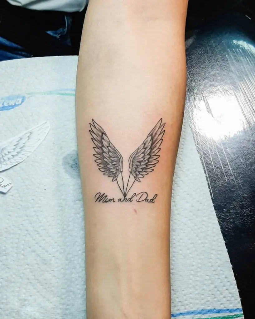 Mom and Dad With Wings Spread Out Arm Tattoo