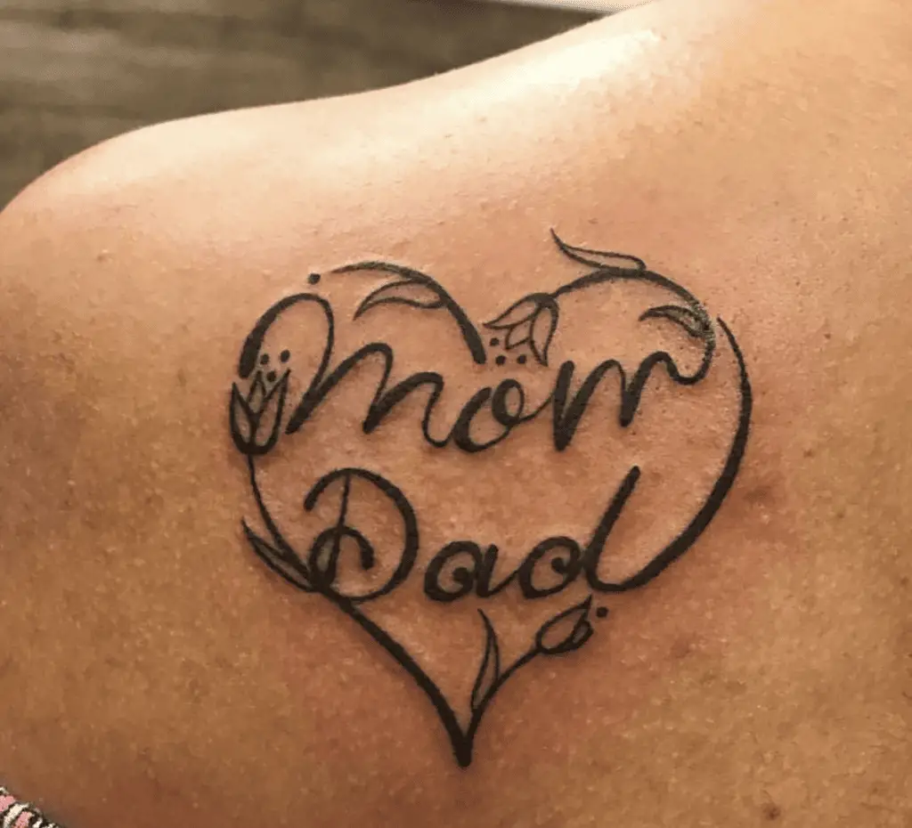 Mom and Dad in Dainty Floral Heart Shoulder Tattoo