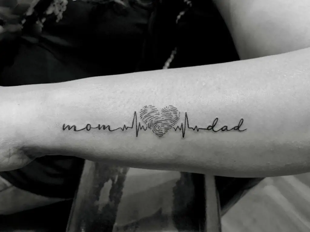 Mom and Dad in One Line Heartbeat With Fingerprint Arm Tattoo