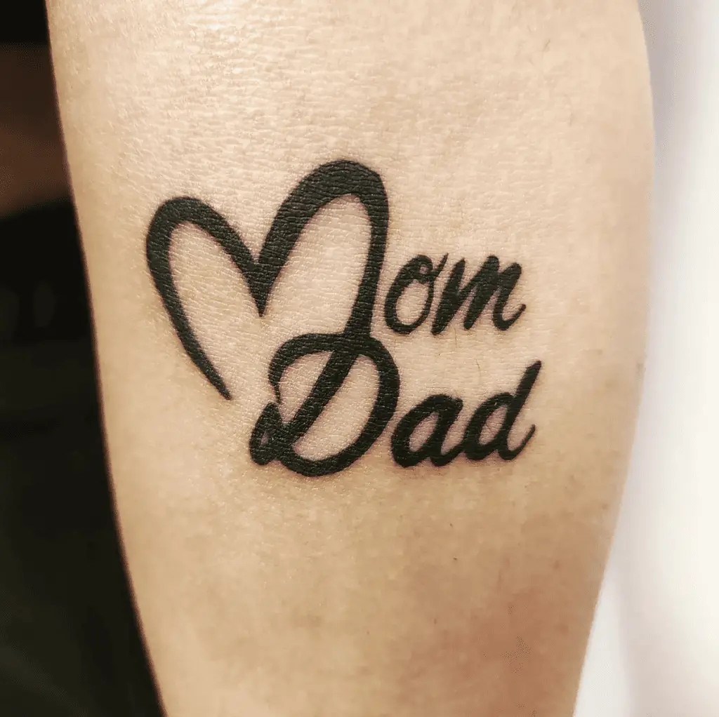 Mom and Dad in Single Line Heart Solid Leg Tattoo