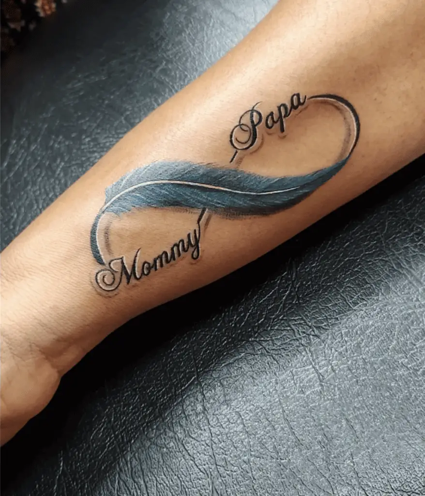 Mommy and Papa Text in Blue Infinity Feather Arm Tattoo