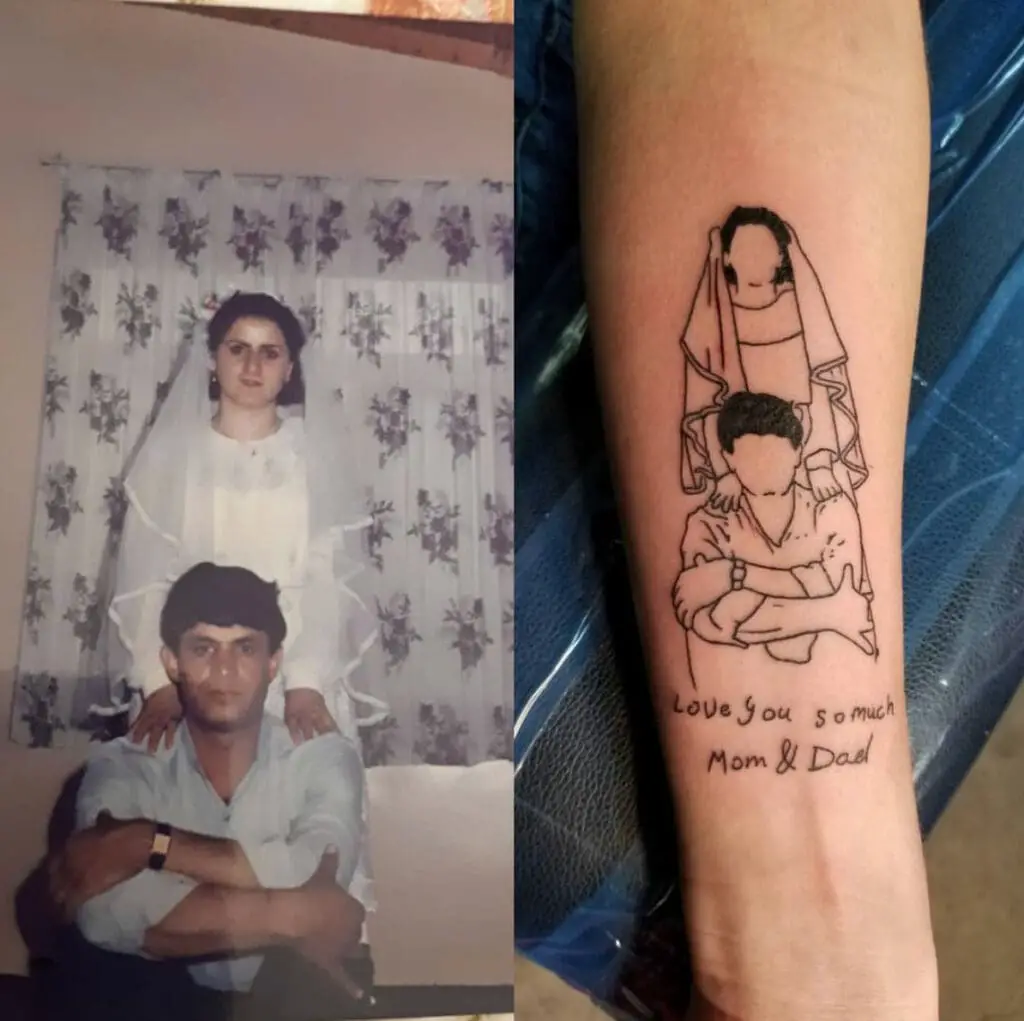 Photograph Outline of Mom and Dad With Word Phrase Arm Tattoo