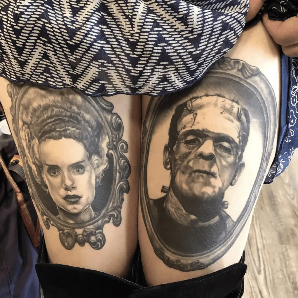 Portrait Photo of a Couple in Vintage Frame Thigh Tattoo